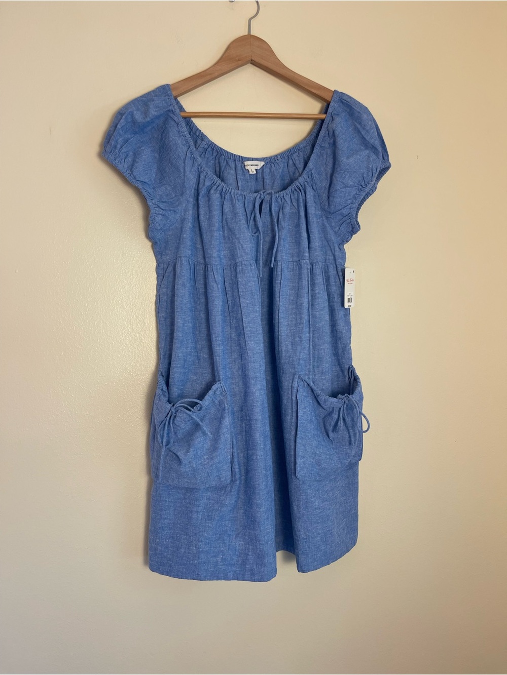 Lucky Brand Blue Casual Mini Dress Hemp Cotton Coastal Puff Sleeves Summer L NWT - Picture 11 of 14